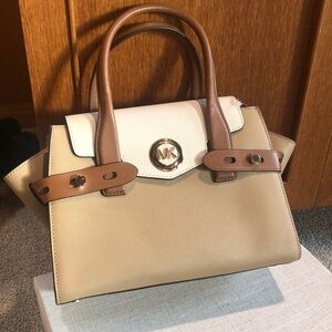 NWT Michael Kors Carmen small flap satchel camel color leather and cream